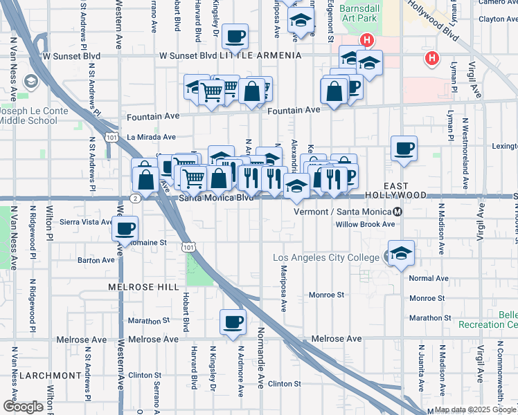 map of restaurants, bars, coffee shops, grocery stores, and more near in Los Angeles