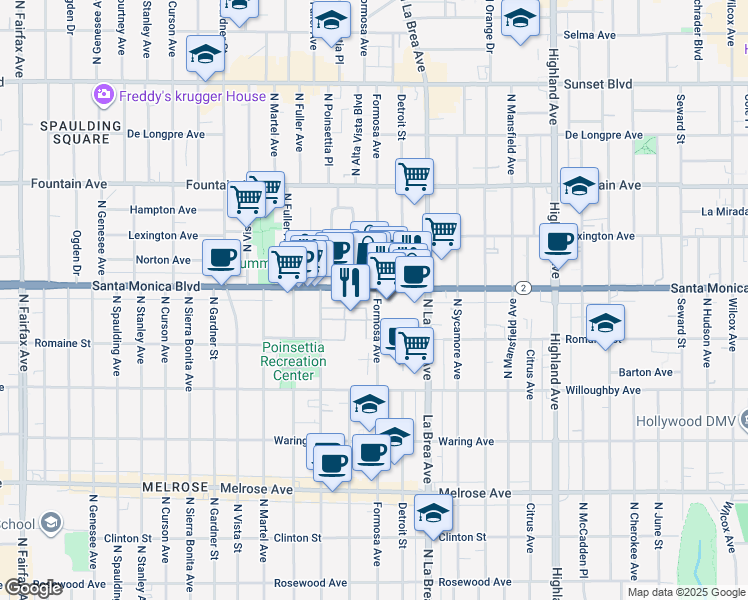map of restaurants, bars, coffee shops, grocery stores, and more near in West Hollywood