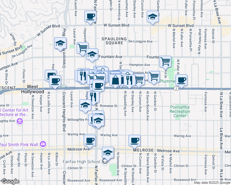 map of restaurants, bars, coffee shops, grocery stores, and more near in West Hollywood