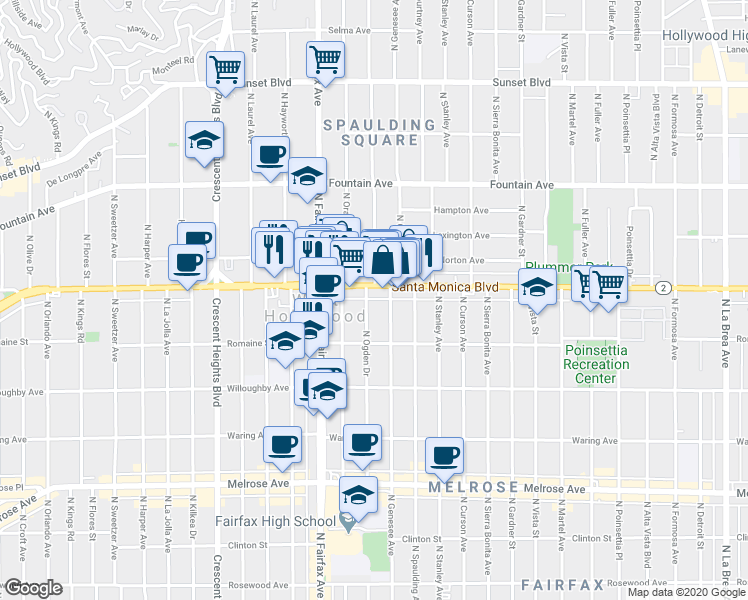 map of restaurants, bars, coffee shops, grocery stores, and more near in West Hollywood