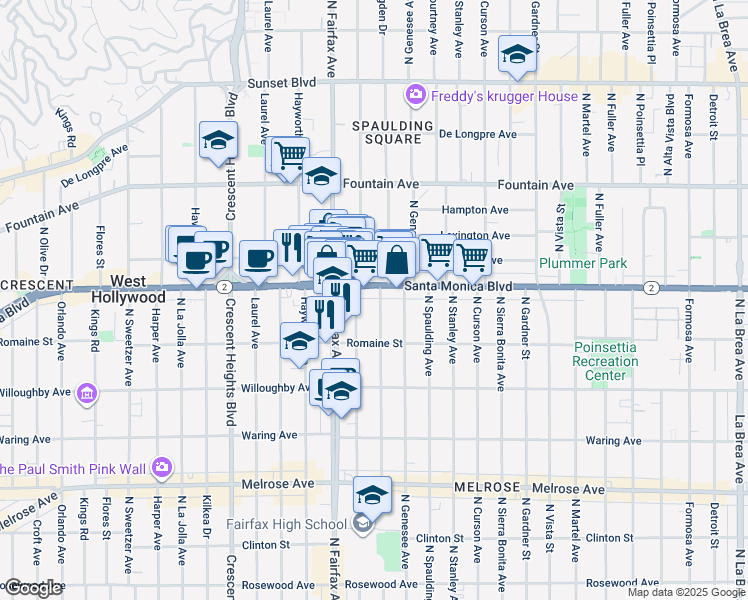 map of restaurants, bars, coffee shops, grocery stores, and more near 1062 North Orange Grove Avenue in West Hollywood