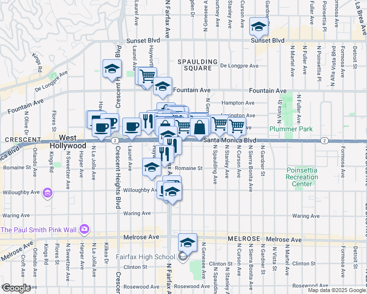 map of restaurants, bars, coffee shops, grocery stores, and more near 1062 North Orange Grove Avenue in West Hollywood