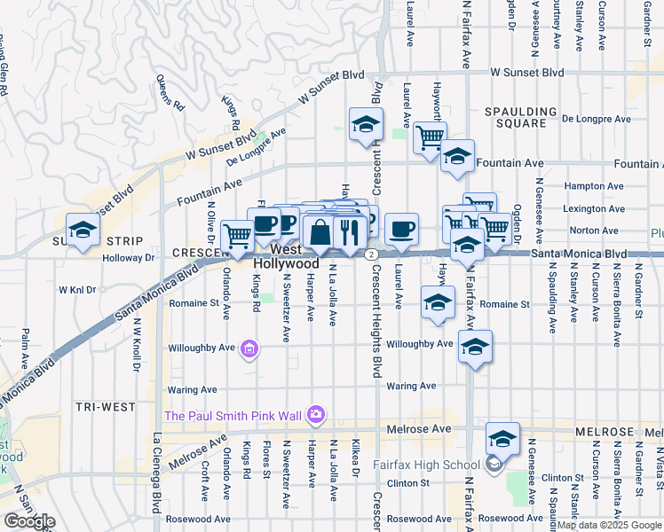 map of restaurants, bars, coffee shops, grocery stores, and more near 8224 Santa Monica Boulevard in West Hollywood