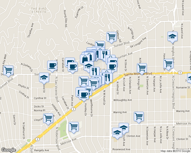 map of restaurants, bars, coffee shops, grocery stores, and more near 8558 Holloway Drive in West Hollywood