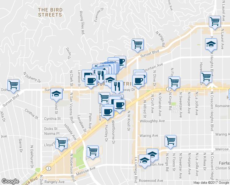 map of restaurants, bars, coffee shops, grocery stores, and more near 8628 Holloway Drive in West Hollywood