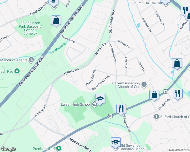 map of restaurants, bars, coffee shops, grocery stores, and more near 1072 Secret Trail Northeast in Sugar Hill