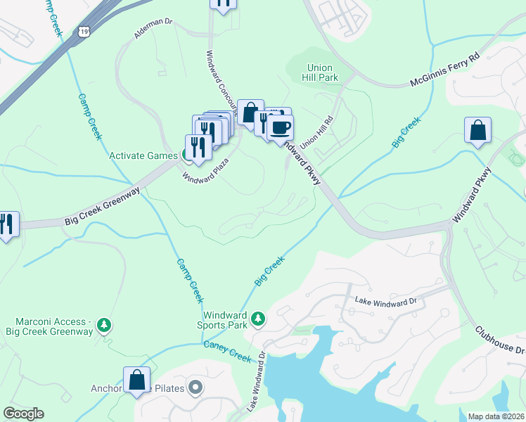 map of restaurants, bars, coffee shops, grocery stores, and more near 4005 Market Place in Alpharetta