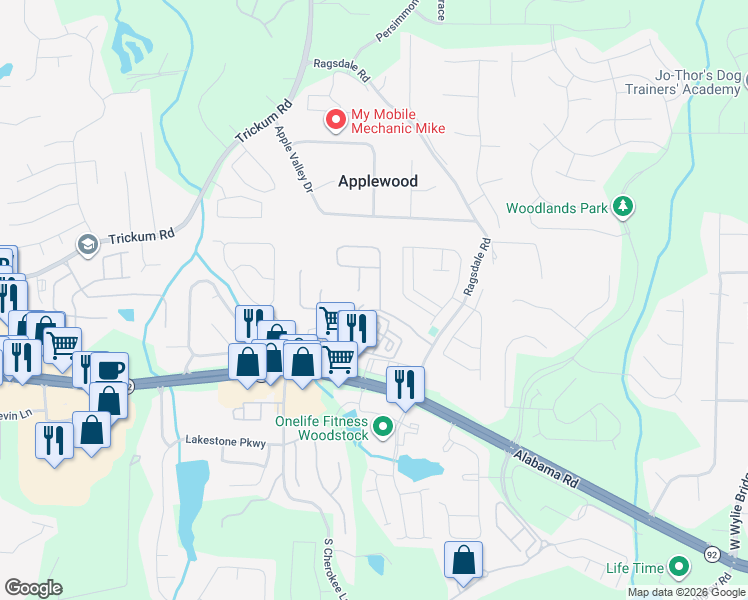 map of restaurants, bars, coffee shops, grocery stores, and more near 203 Weatherstone Pointe Drive in Woodstock
