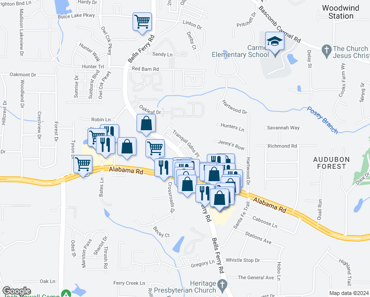 map of restaurants, bars, coffee shops, grocery stores, and more near 5742 Bells Ferry Road in Acworth