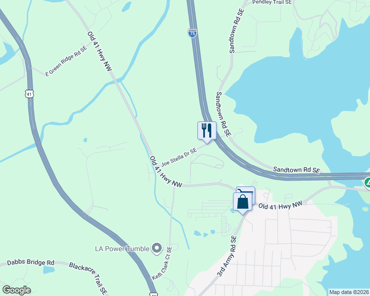 map of restaurants, bars, coffee shops, grocery stores, and more near 33 Joe Stella Drive Southeast in Cartersville