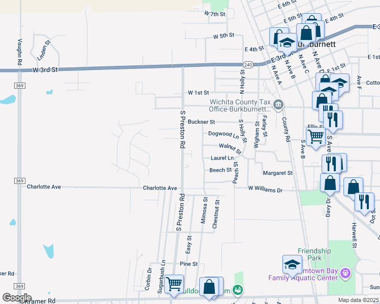 map of restaurants, bars, coffee shops, grocery stores, and more near 306 South Preston Road in Burkburnett