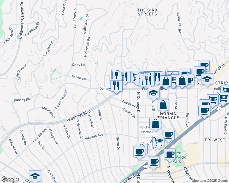 map of restaurants, bars, coffee shops, grocery stores, and more near 9229-9255 Doheny Road in West Hollywood