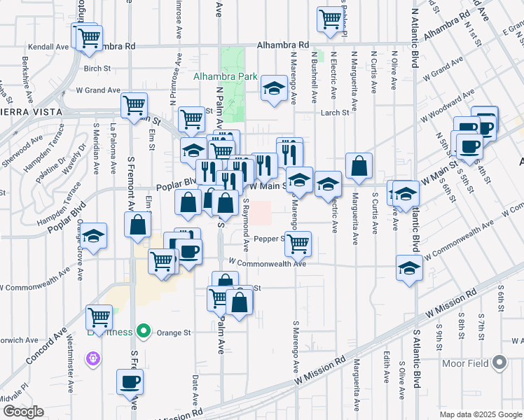 map of restaurants, bars, coffee shops, grocery stores, and more near 100 South Raymond Avenue in Alhambra