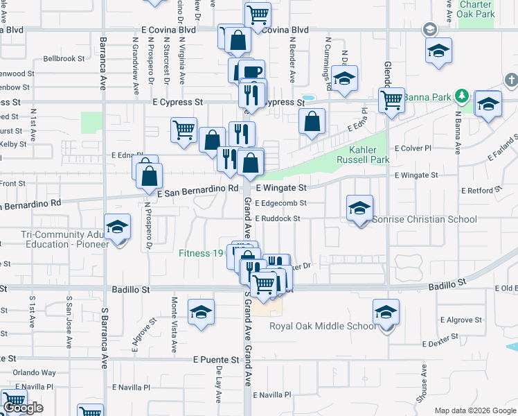 map of restaurants, bars, coffee shops, grocery stores, and more near 922 East Edgecomb Street in Covina