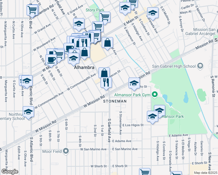 map of restaurants, bars, coffee shops, grocery stores, and more near 420 South Garfield Avenue in Alhambra