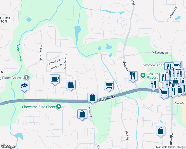 map of restaurants, bars, coffee shops, grocery stores, and more near 127 Creekview Drive in Woodstock