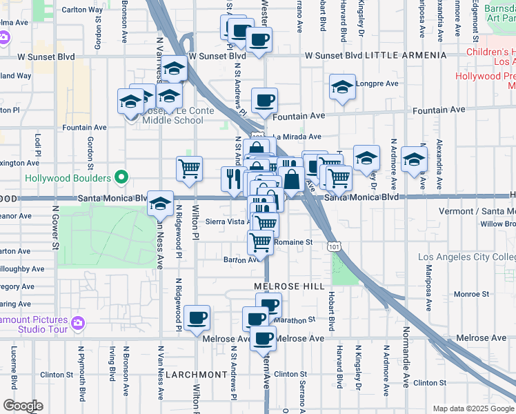 map of restaurants, bars, coffee shops, grocery stores, and more near in Los Angeles