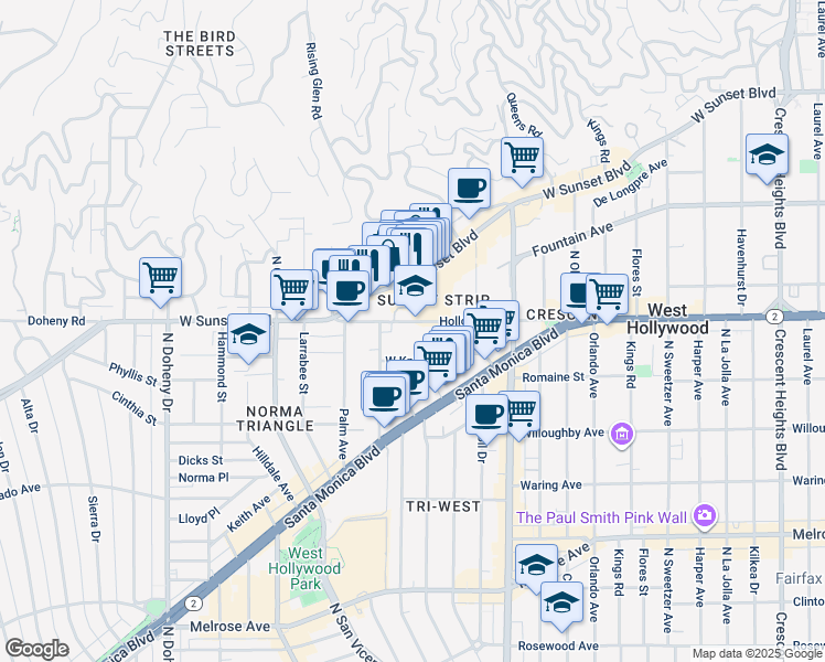 map of restaurants, bars, coffee shops, grocery stores, and more near 8628 Holloway Drive in West Hollywood