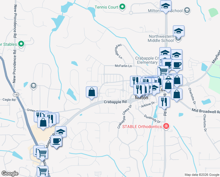 map of restaurants, bars, coffee shops, grocery stores, and more near 548 Branyan Trail in Milton