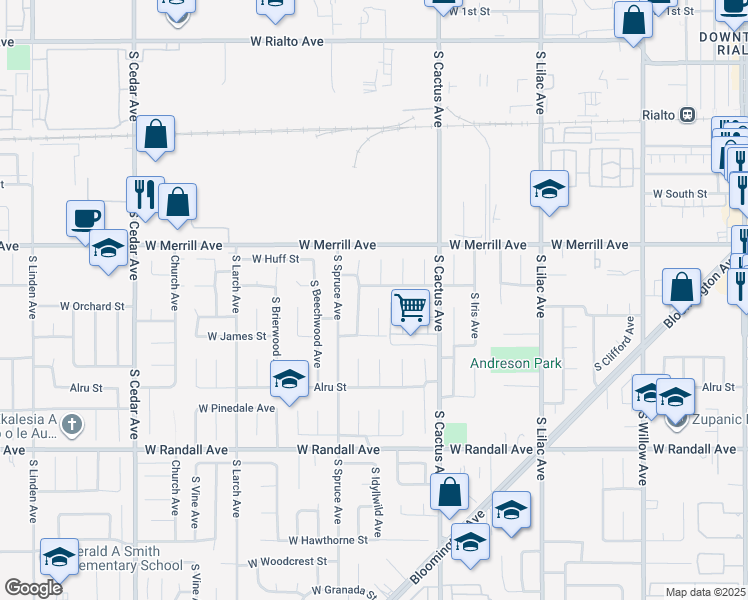 map of restaurants, bars, coffee shops, grocery stores, and more near 787 West Carter Street in Rialto