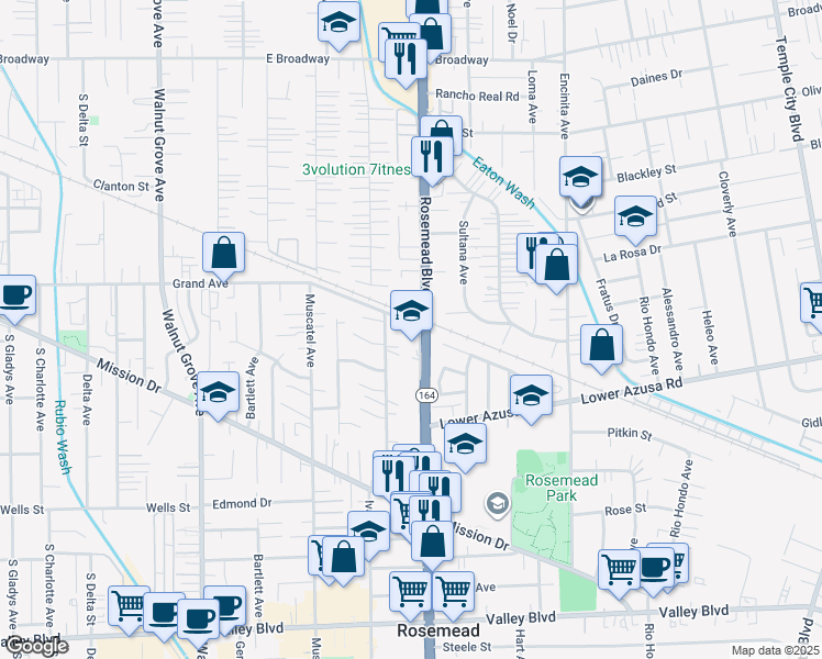 map of restaurants, bars, coffee shops, grocery stores, and more near 8932 Grand Avenue in Rosemead