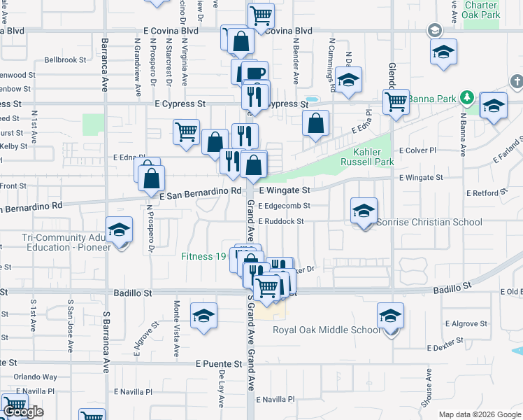 map of restaurants, bars, coffee shops, grocery stores, and more near 922 East Edgecomb Street in Covina
