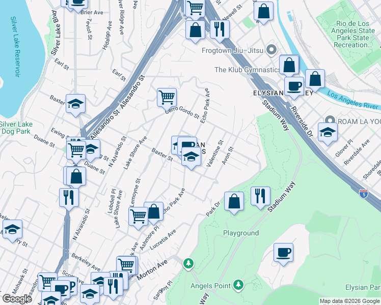 map of restaurants, bars, coffee shops, grocery stores, and more near 2136 Echo Park Avenue in Los Angeles
