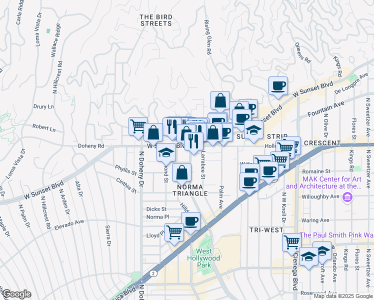 map of restaurants, bars, coffee shops, grocery stores, and more near 8906 Sunset Boulevard in West Hollywood