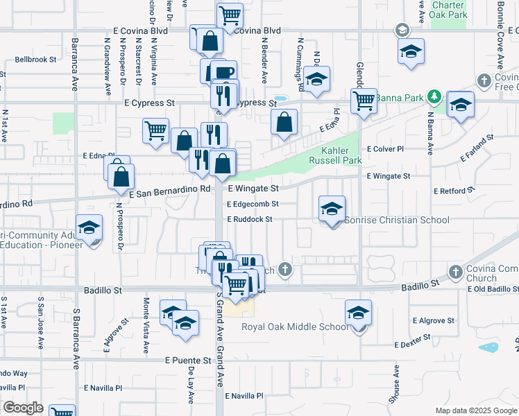 map of restaurants, bars, coffee shops, grocery stores, and more near 1008 East Edgecomb Street in Covina