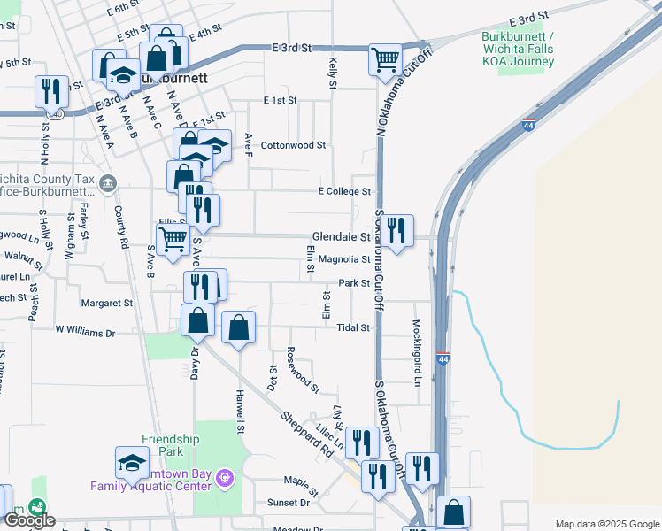 map of restaurants, bars, coffee shops, grocery stores, and more near 706 Magnolia Street in Burkburnett