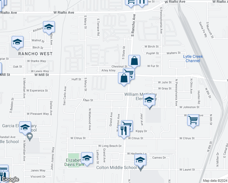 map of restaurants, bars, coffee shops, grocery stores, and more near 865 Louise Street in Colton