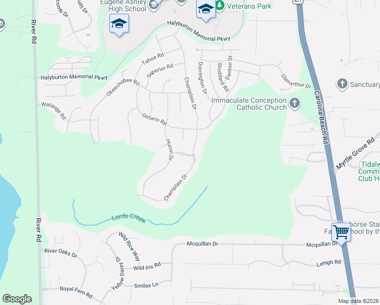 map of restaurants, bars, coffee shops, grocery stores, and more near 7732 Champlain Drive in Wilmington