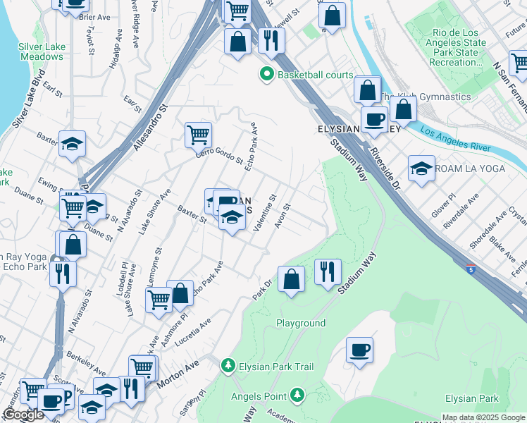 map of restaurants, bars, coffee shops, grocery stores, and more near 2165 Valentine Street in Los Angeles