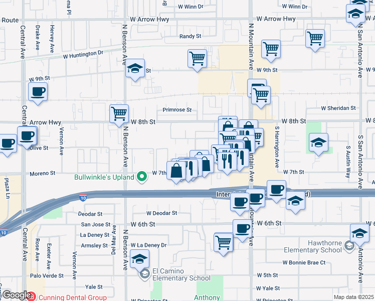 map of restaurants, bars, coffee shops, grocery stores, and more near 319 South Spencer Avenue in Upland