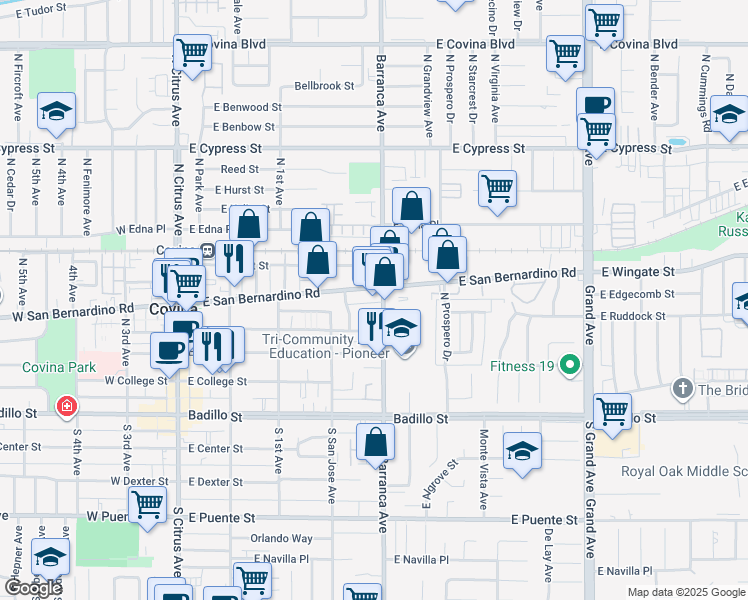 map of restaurants, bars, coffee shops, grocery stores, and more near 456 East San Bernardino Road in Covina