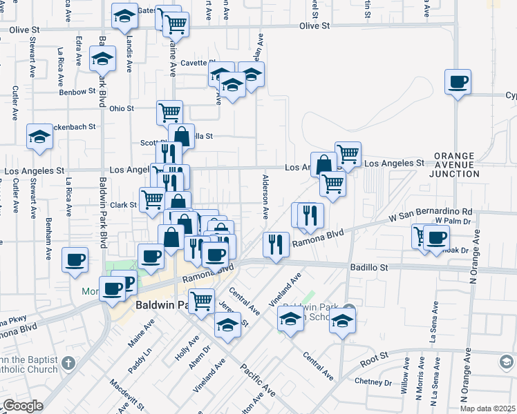 map of restaurants, bars, coffee shops, grocery stores, and more near 14730 Clark Street in Baldwin Park