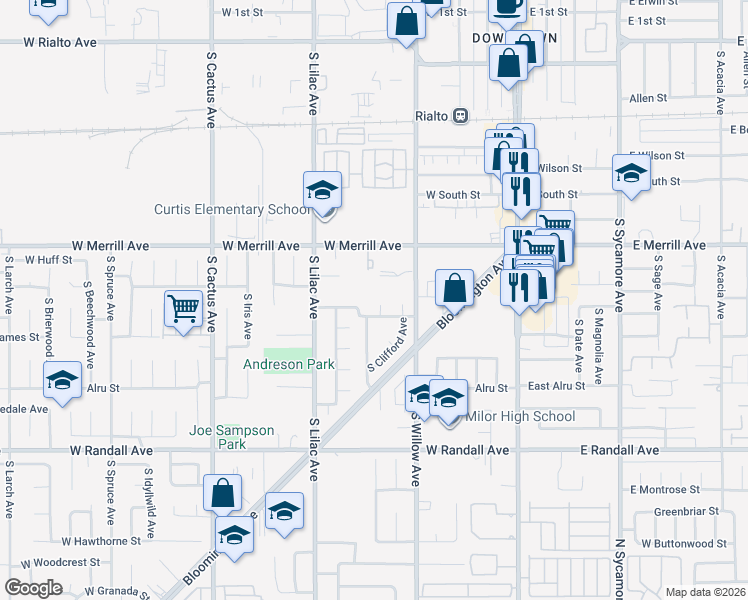 map of restaurants, bars, coffee shops, grocery stores, and more near 604 South Millard Avenue in Rialto