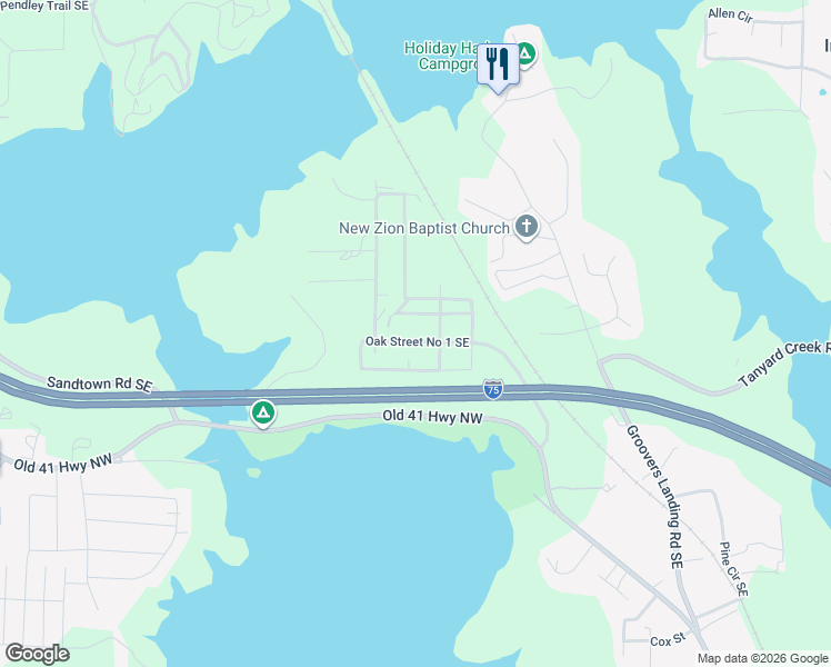 map of restaurants, bars, coffee shops, grocery stores, and more near 447 Oak Street No 1 Southeast in Acworth