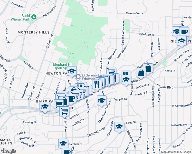 map of restaurants, bars, coffee shops, grocery stores, and more near 5060 Novgorod Street in Los Angeles