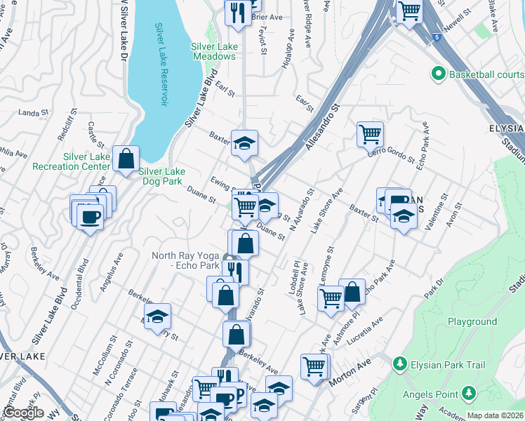 map of restaurants, bars, coffee shops, grocery stores, and more near 1920 Allesandro Street in Los Angeles
