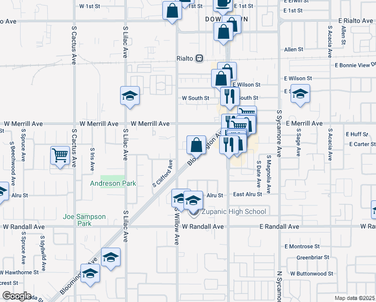 map of restaurants, bars, coffee shops, grocery stores, and more near 602 South Benjamin Street in Rialto
