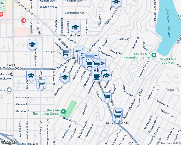 map of restaurants, bars, coffee shops, grocery stores, and more near 3700 West Sunset Boulevard in Los Angeles