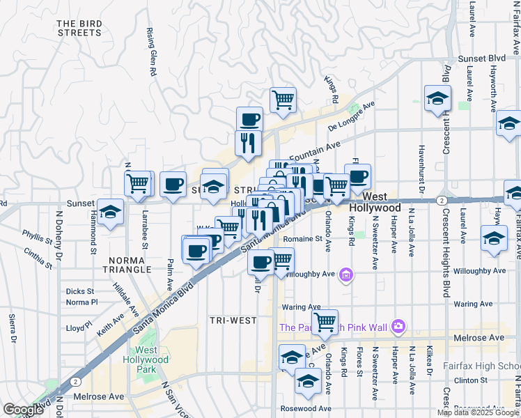 map of restaurants, bars, coffee shops, grocery stores, and more near 8530 Holloway Drive in West Hollywood