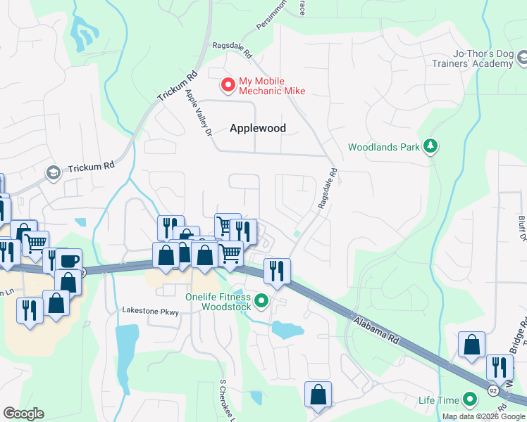 map of restaurants, bars, coffee shops, grocery stores, and more near 176 Cornerstone Circle in Woodstock