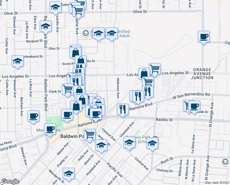map of restaurants, bars, coffee shops, grocery stores, and more near 14730 Clark Street in Baldwin Park