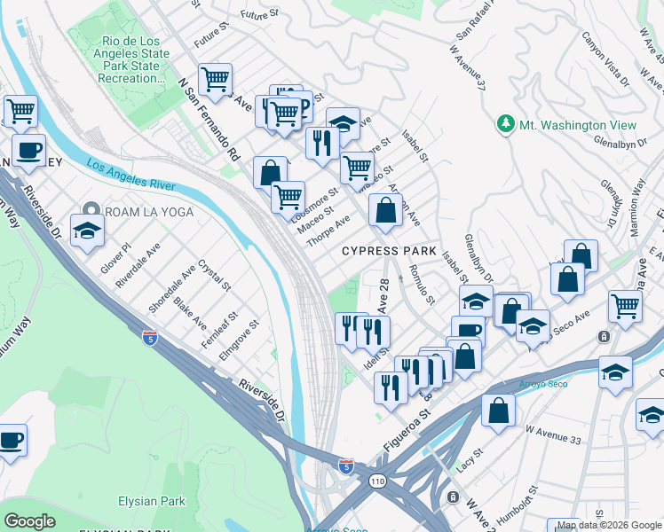 map of restaurants, bars, coffee shops, grocery stores, and more near 2623 Merced Street in Los Angeles