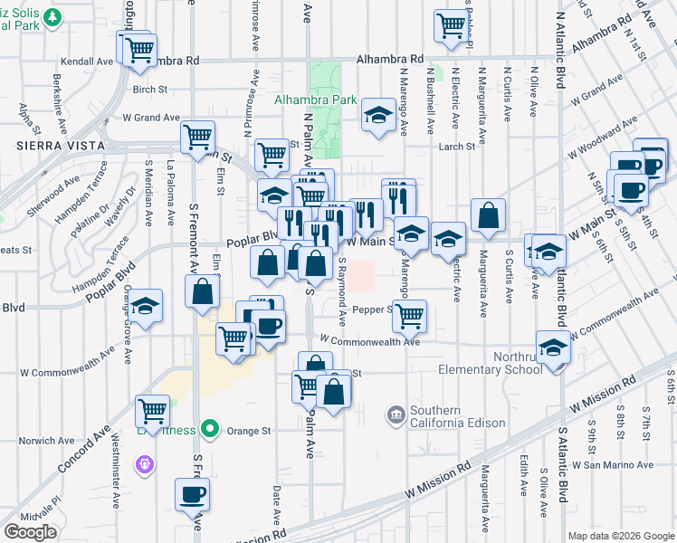 map of restaurants, bars, coffee shops, grocery stores, and more near 100 South Raymond Avenue in Alhambra