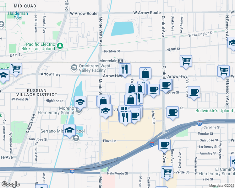 map of restaurants, bars, coffee shops, grocery stores, and more near 9014 Lindero Avenue in Montclair