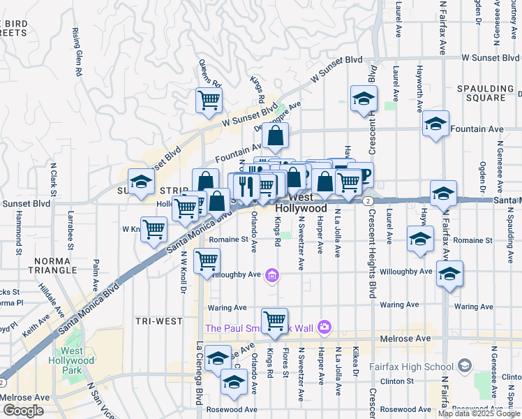 map of restaurants, bars, coffee shops, grocery stores, and more near 8350 Santa Monica Boulevard in West Hollywood