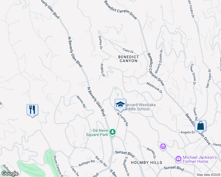 map of restaurants, bars, coffee shops, grocery stores, and more near 719 North Faring Road in Los Angeles